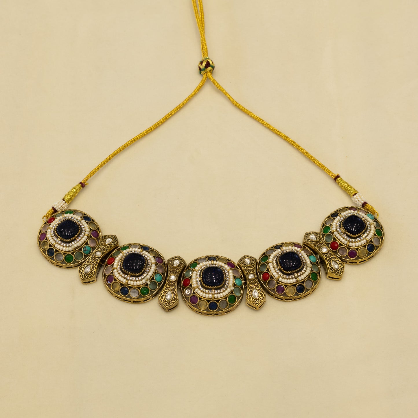 Aanura Navratna Choker Necklace with Green Center Stones