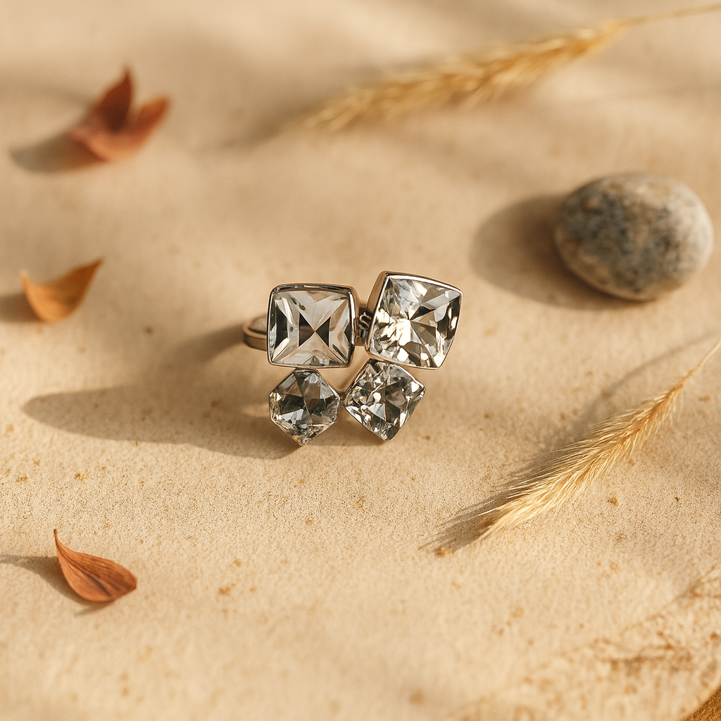 Aanura Crystal Cluster Statement Ring – Stainless Steel, Silver Plated