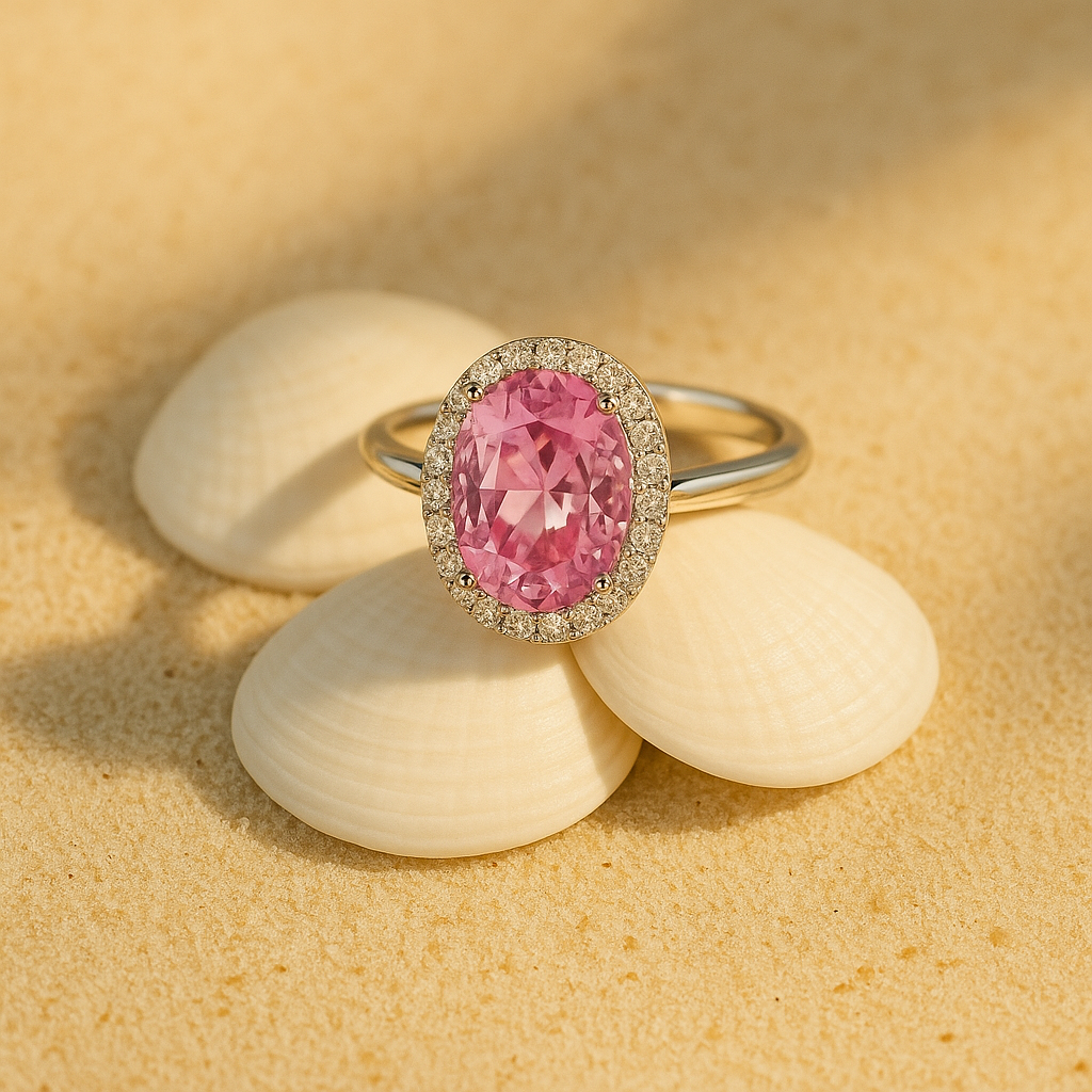 Aanura Oval Pink Halo Silver Ring – Elegant Statement Piece