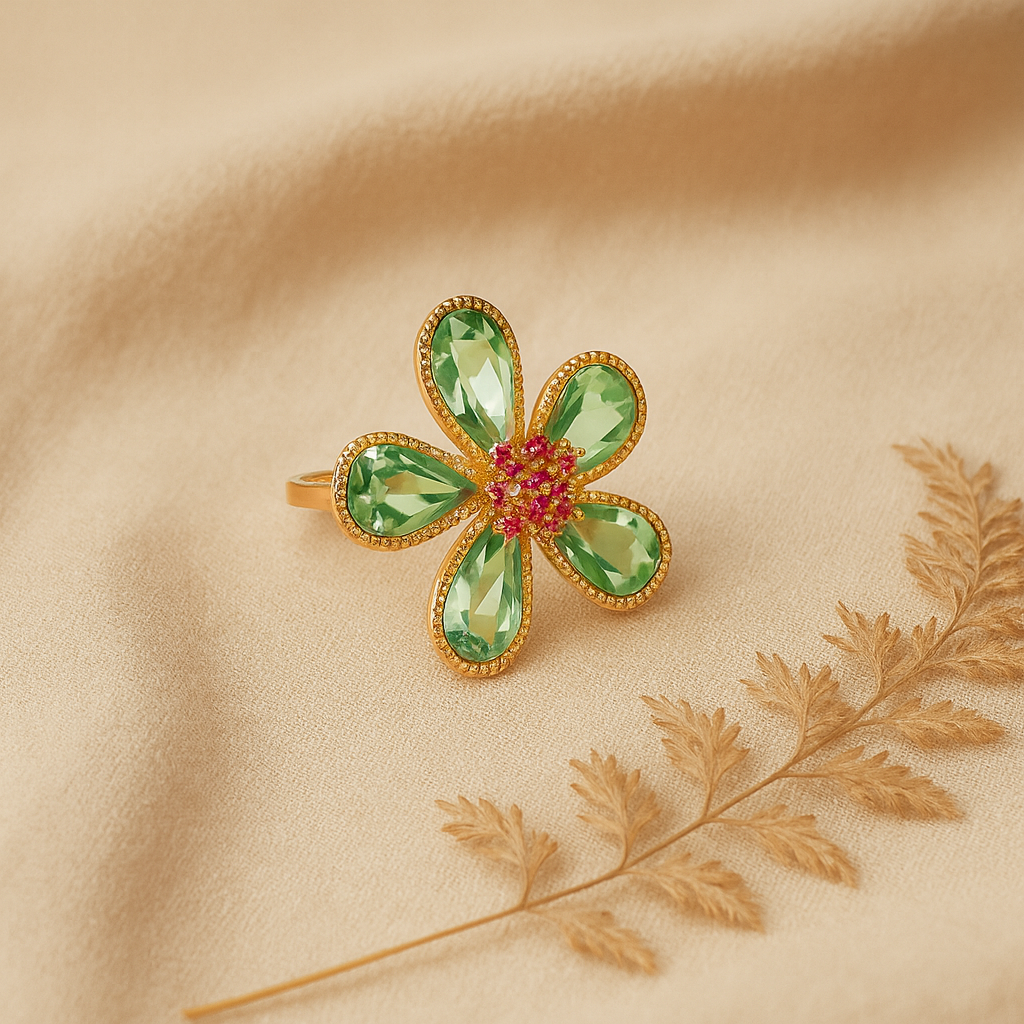 Aanura Silver-Tone Emerald Green Flower Statement Ring