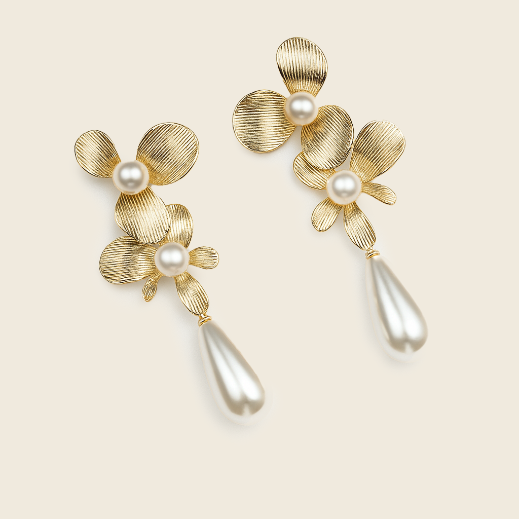 Aanura Floral Pearl Drop Gold Statement Earrings