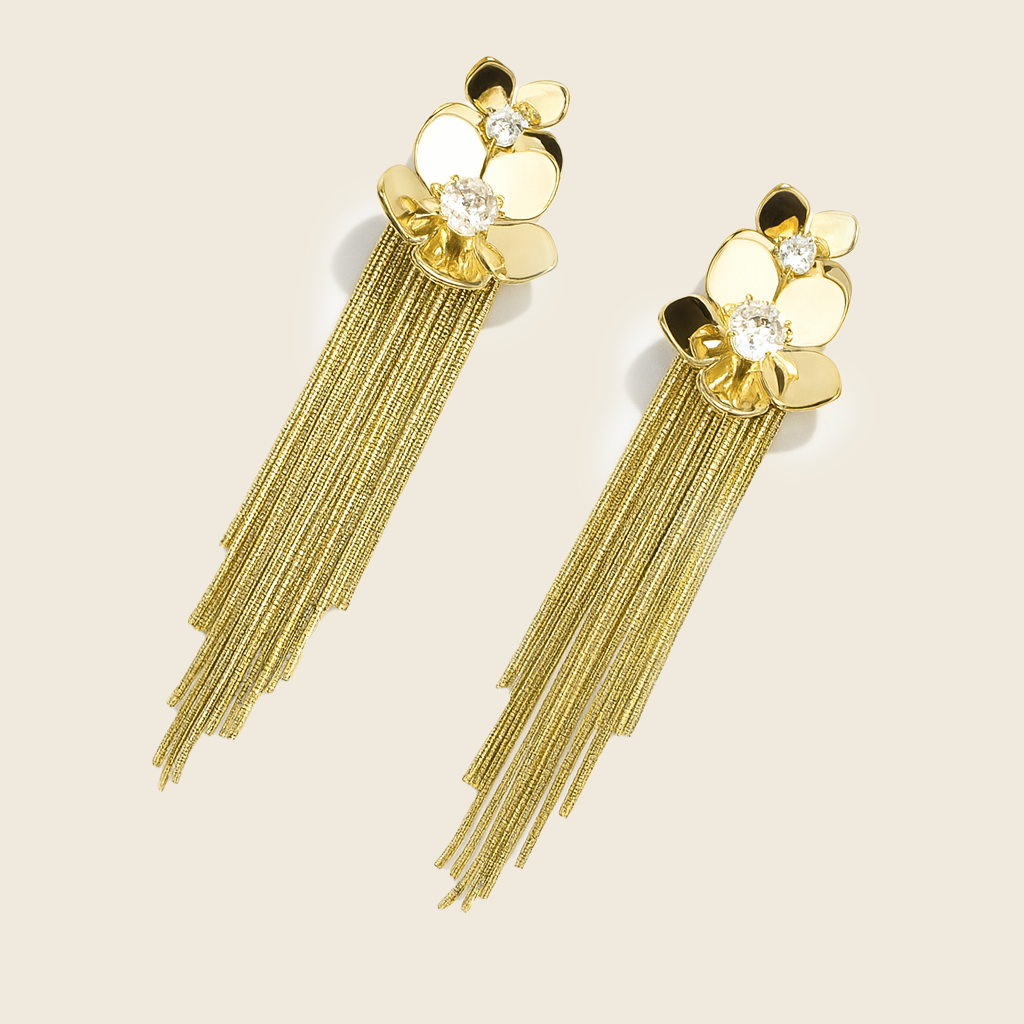 Aanura Crystal Floral Tassel Gold Drop Earrings