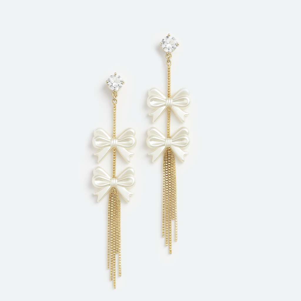 Aanura Pearl Bow Tassel Gold Drop Earrings