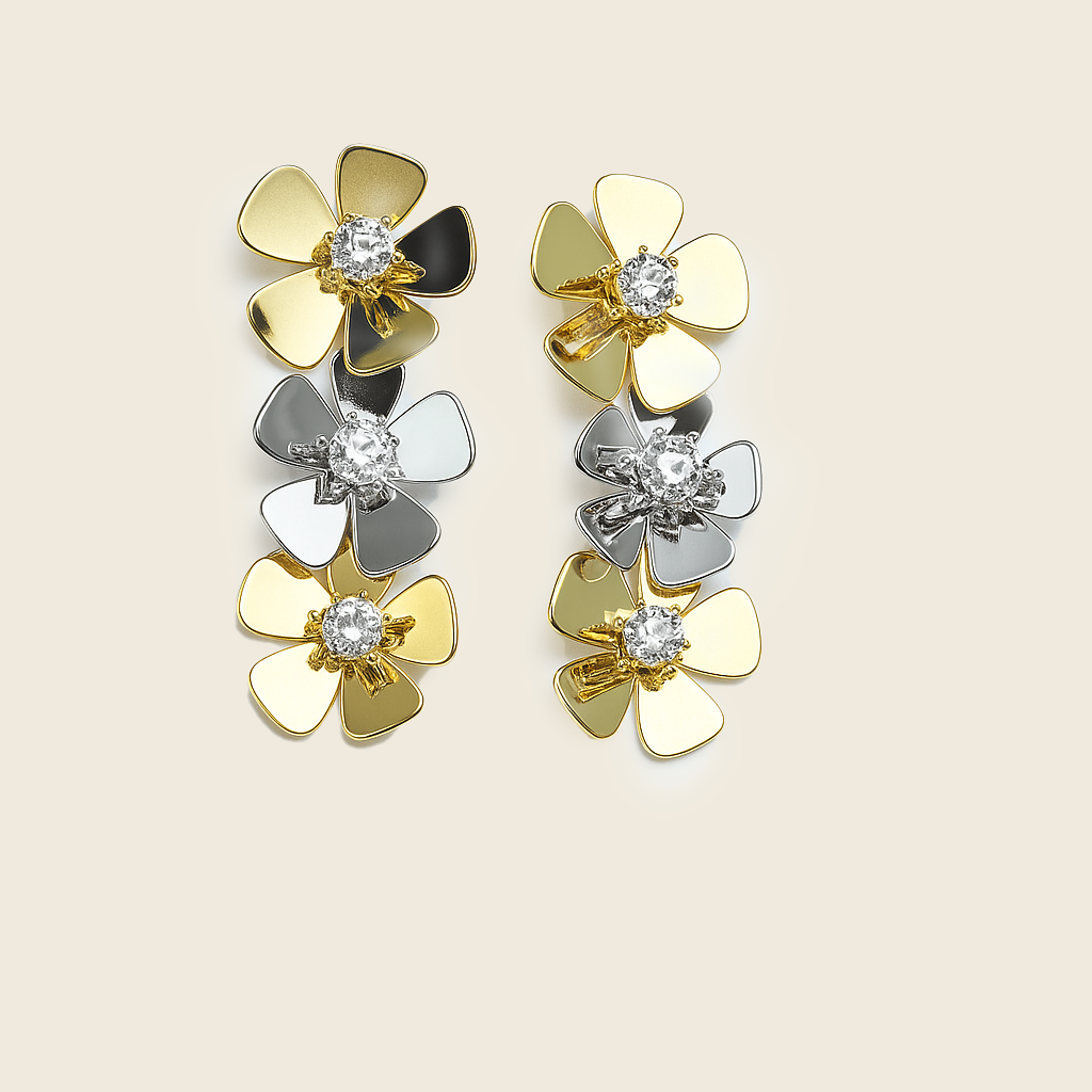 Aanura Dual-Tone Floral Crystal Stud Earrings