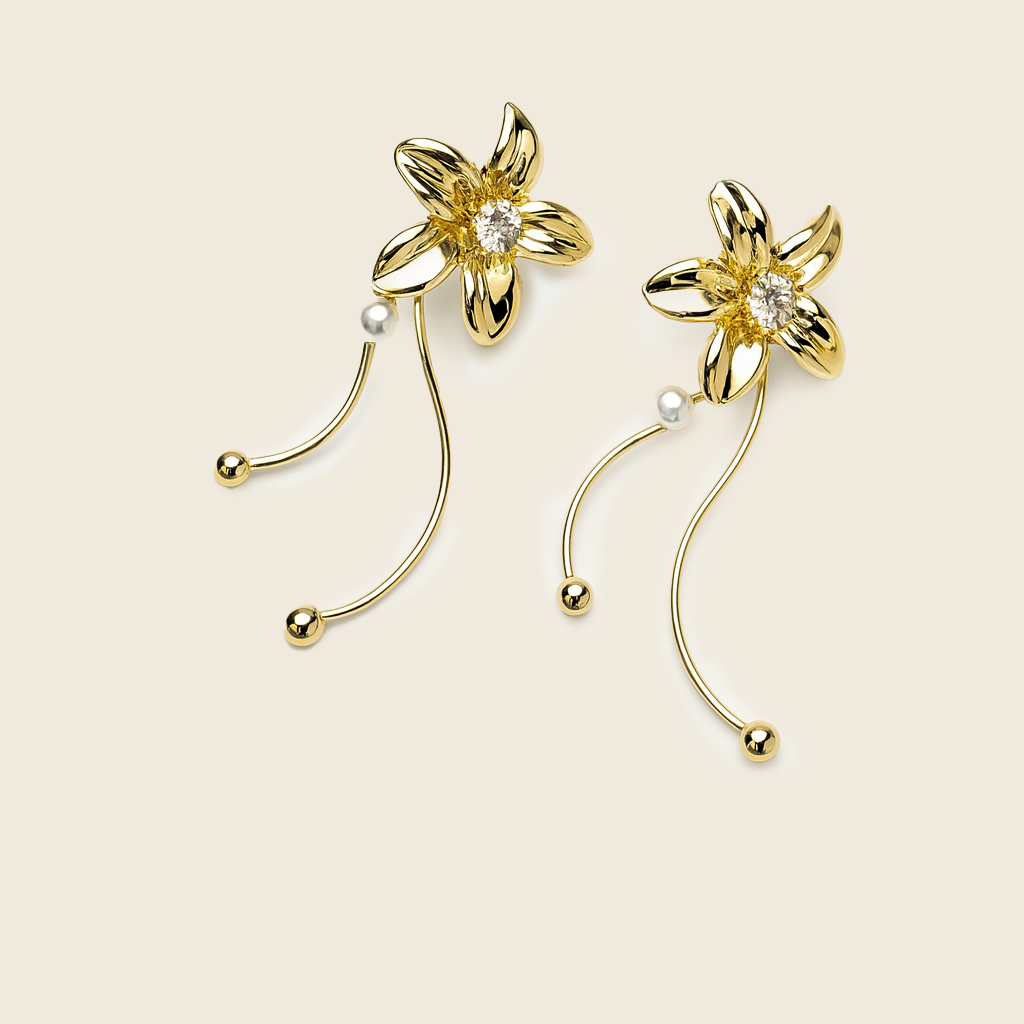 Aanura Crystal Pearl Floral Long Drop Earrings