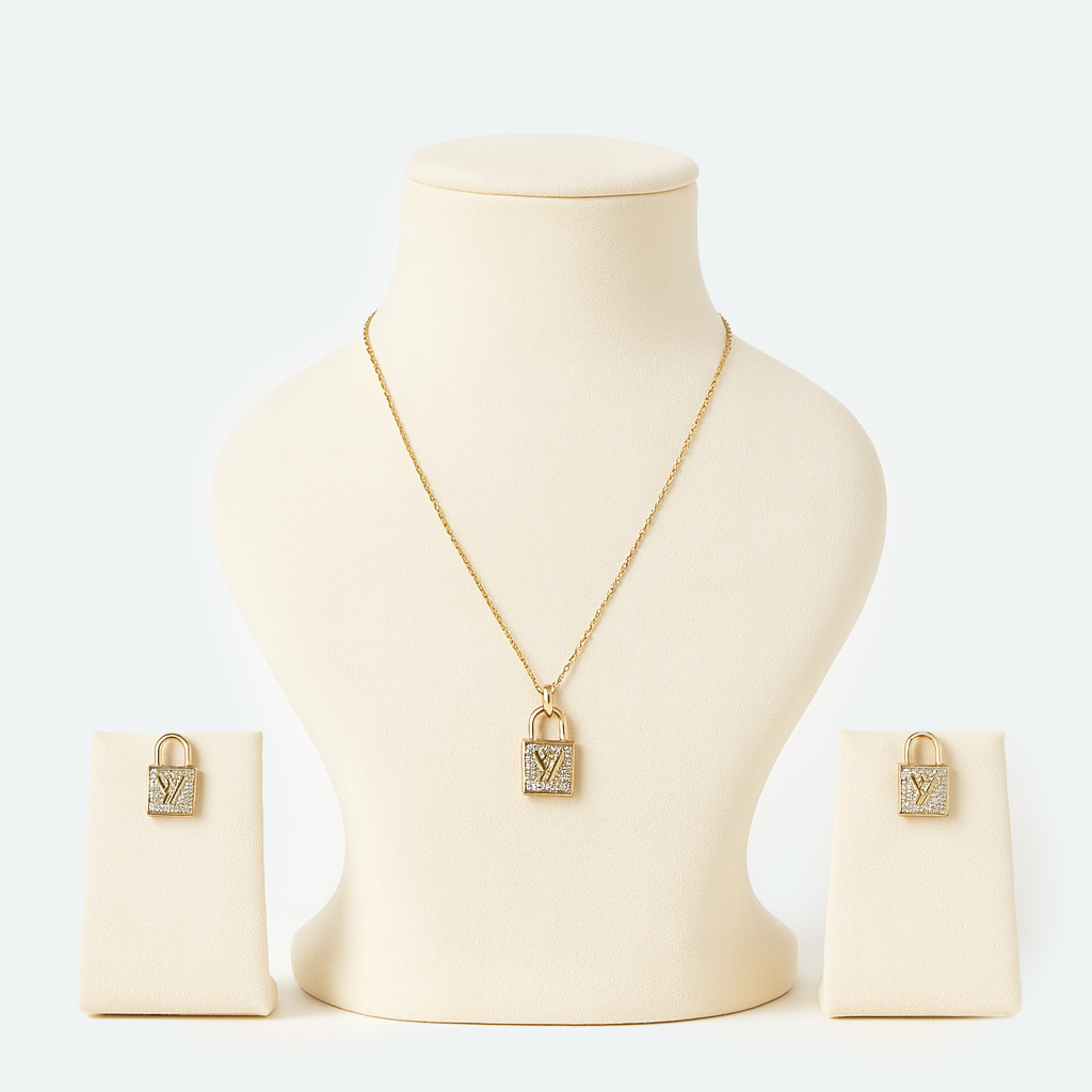 Golden Lock Pendant Necklace & Earrings Set