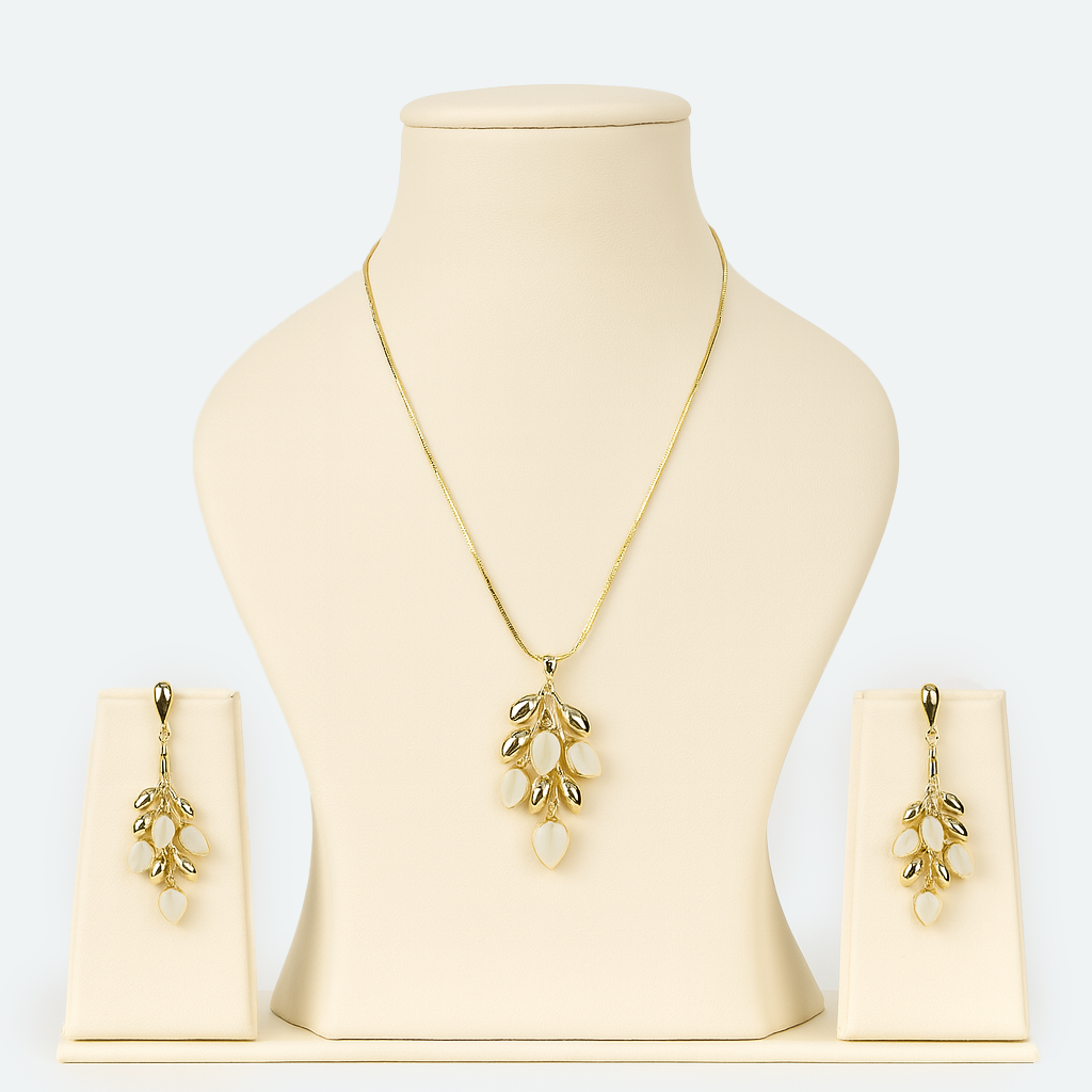 Aanura Golden Leaf Drop Necklace & Earrings Set