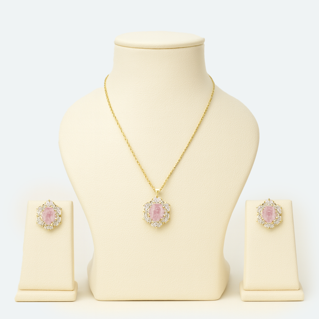 Aanura Pink Oval Halo Necklace & Earrings Set