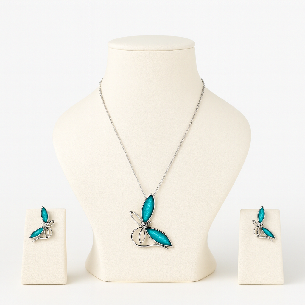 Aanura Blue Butterfly Necklace & Earrings Set