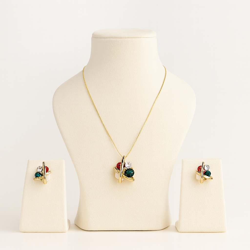 Aanura Red & Green Crystal Necklace & Earrings