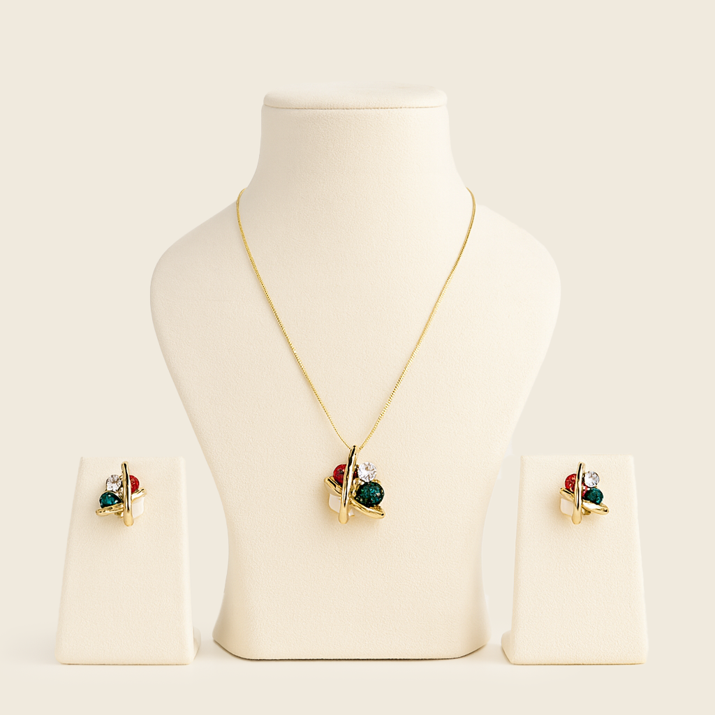 Aanura Red & Green Crystal Necklace & Earrings