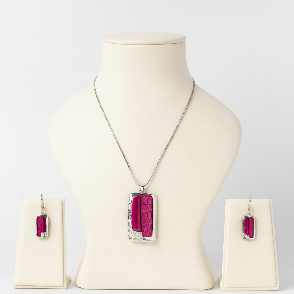 Aanura Rectangular Pink Stone Necklace & Earrings Set