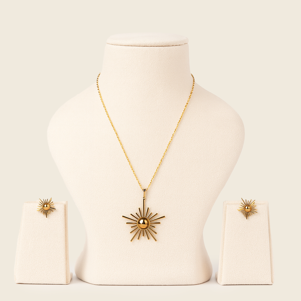 Aanura Golden Sunburst Necklace & Earrings Set