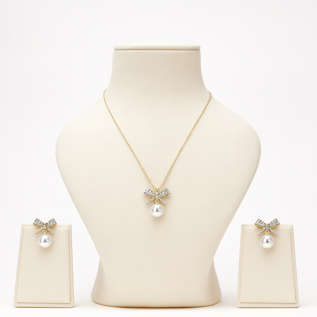 Aanura Pearl Bow Necklace & Earrings Set