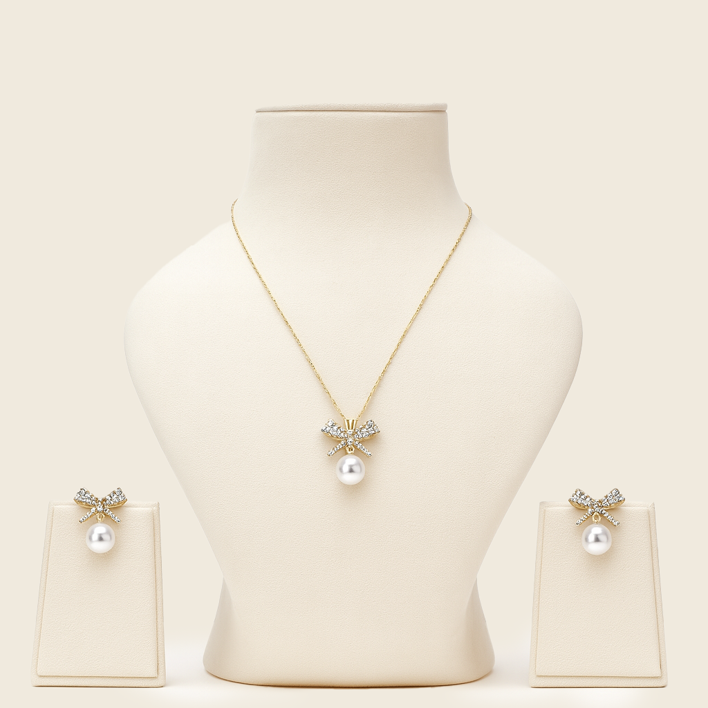 Aanura Pearl Bow Necklace & Earrings Set