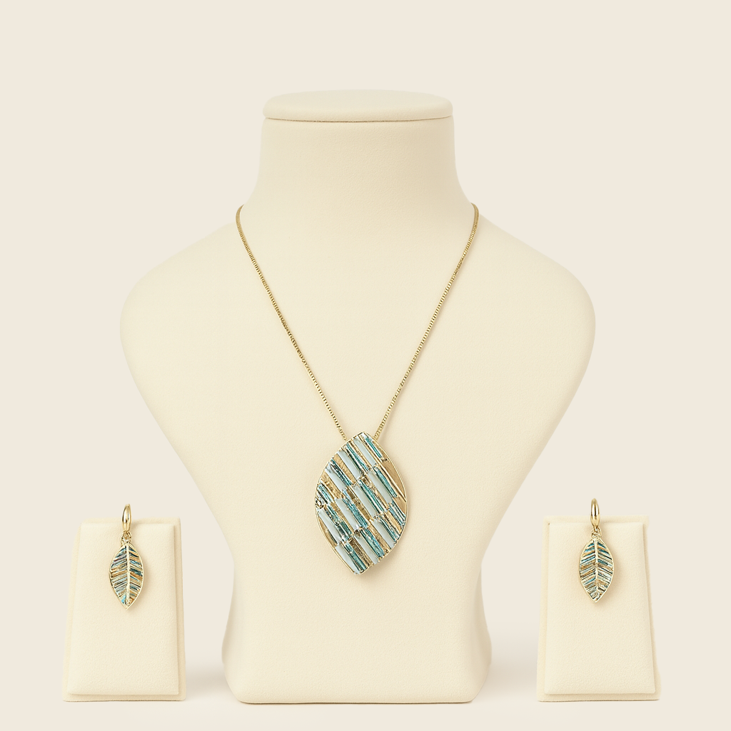 Aanura Striped Leaf Necklace & Earrings Set
