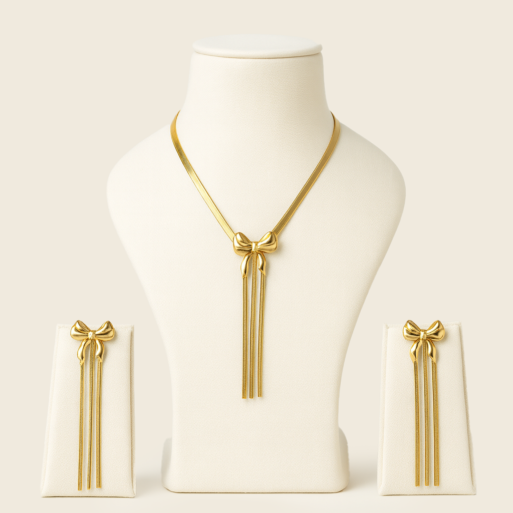Aanura Golden Ribbon Bow Necklace & Earrings Set