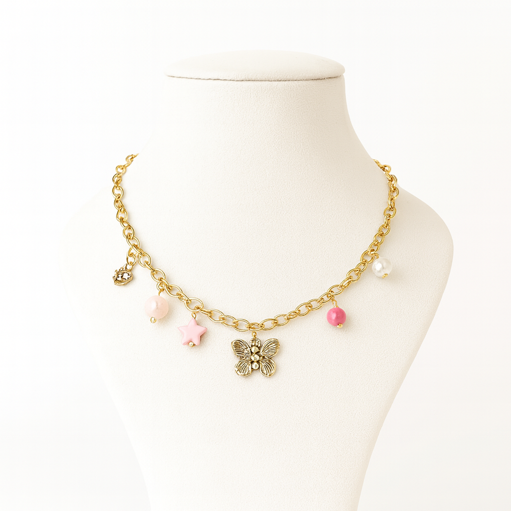 Aanura Gold Charm Necklace with Butterfly & Beads
