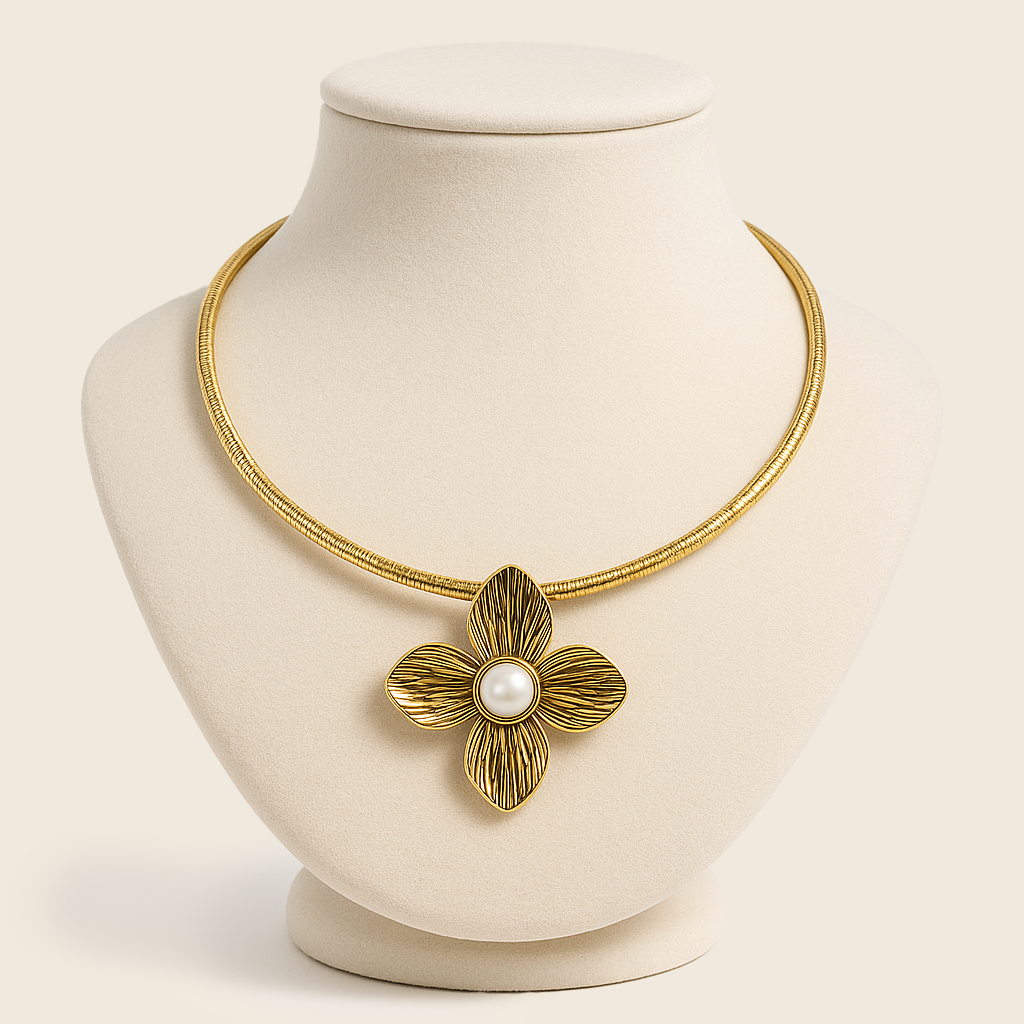 Aanura Gold Choker Necklace with Pearl Flower Pendant