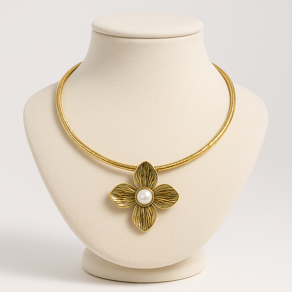 Aanura Gold Choker Necklace with Pearl Flower Pendant