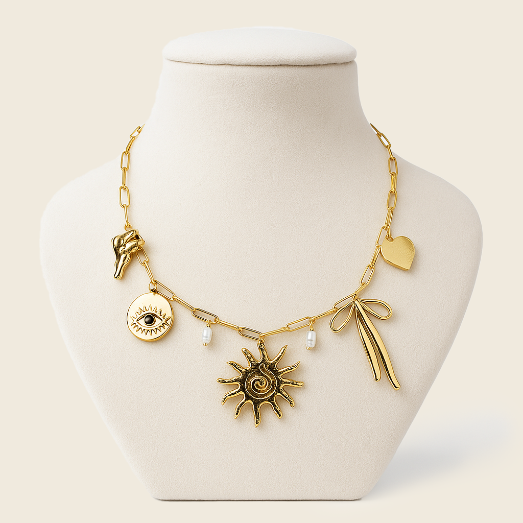 Aanura Gold Charm Necklace with Sun & Heart Pendants