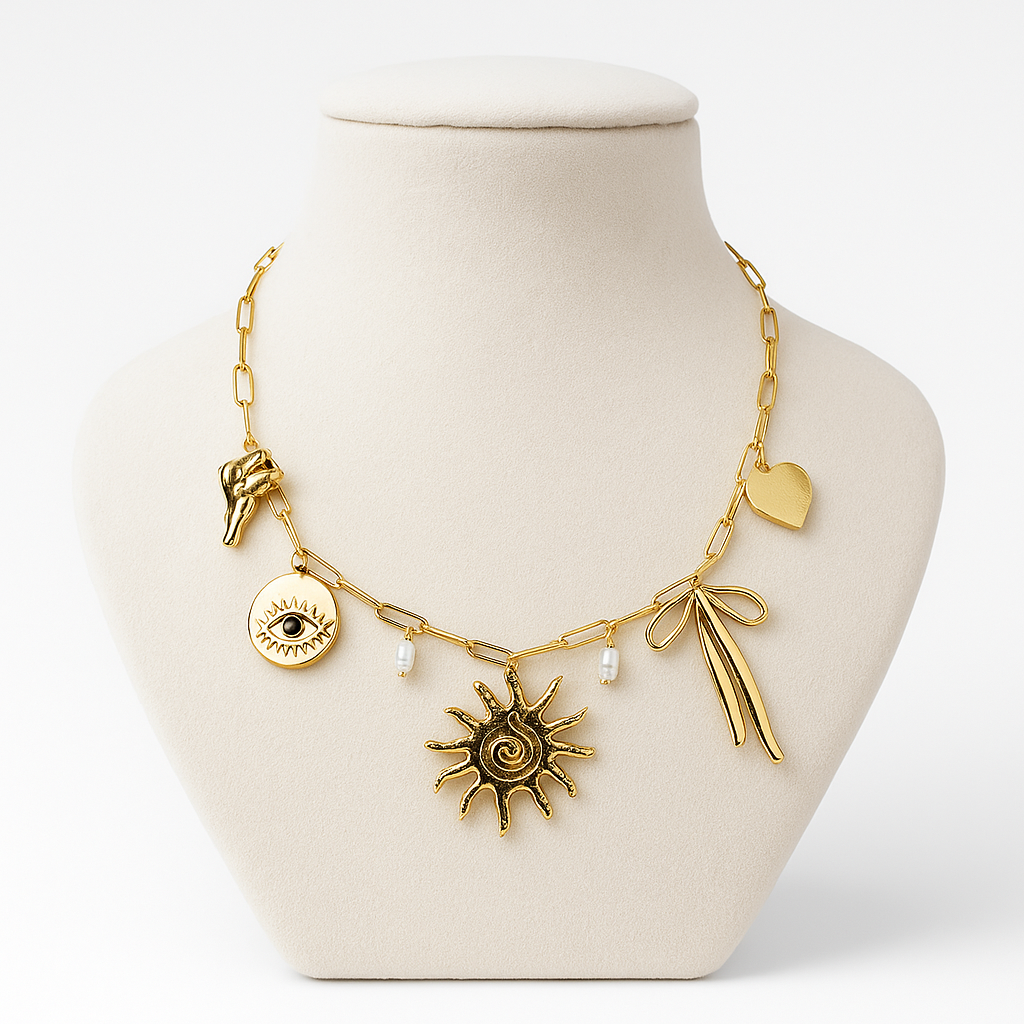 Aanura Gold Charm Necklace with Sun & Heart Pendants