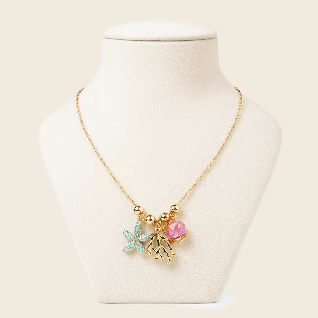 Aanura Ocean Charm Gold Necklace with Starfish, Shell & Coral