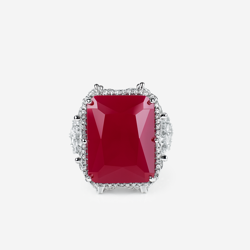 Aanura Silver Ruby-Red Emerald-Cut Cocktail Ring