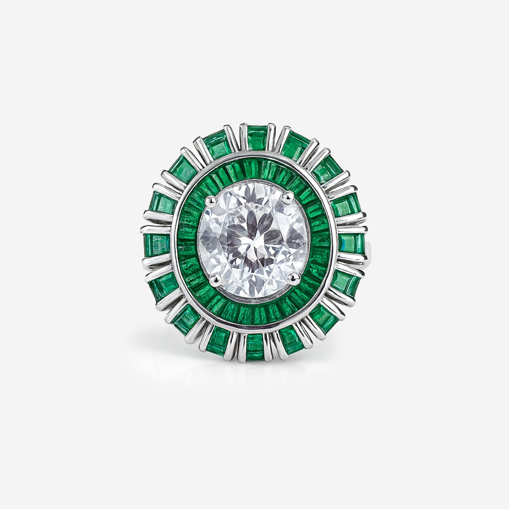 Aanura Silver Emerald Baguette Band Statement Ring