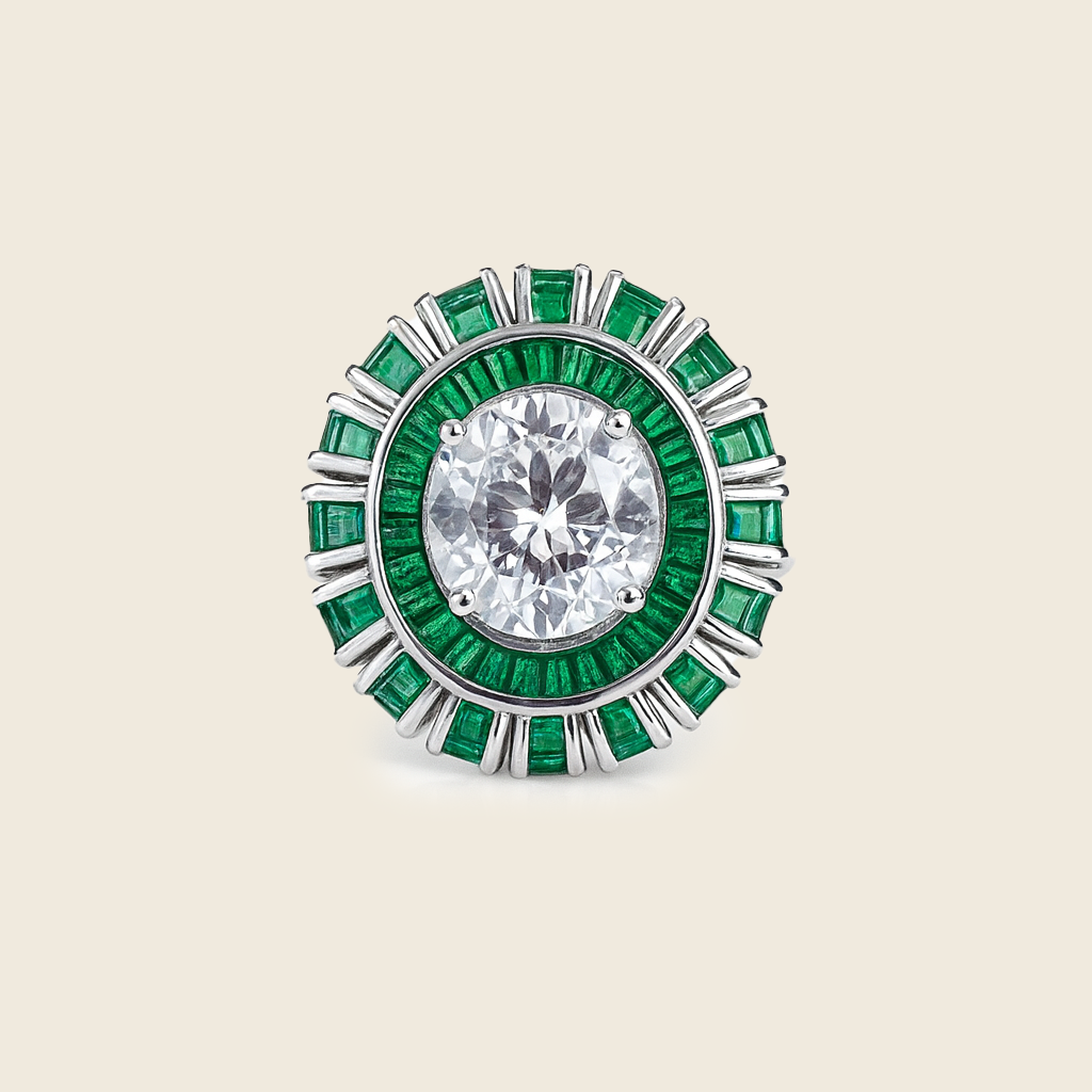 Aanura Silver Emerald Baguette Band Statement Ring