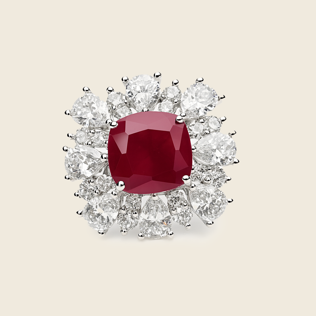 Aanura Silver Red Cushion Gem Halo Cocktail Ring