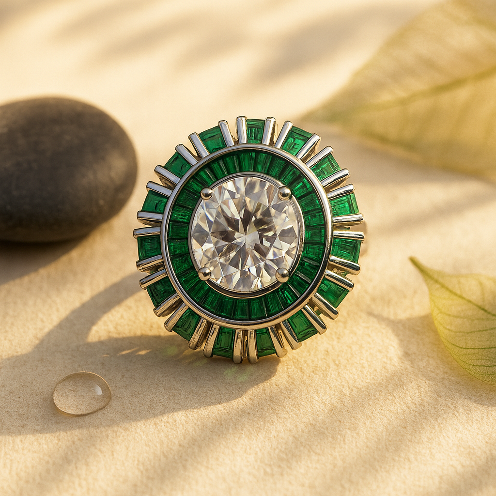 Aanura Silver Emerald Baguette Band Statement Ring