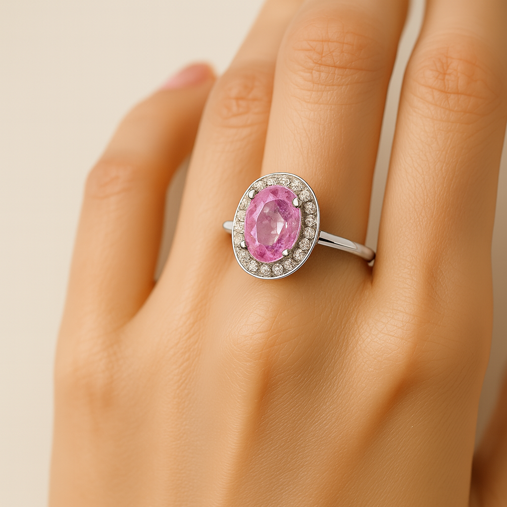 Aanura Oval Pink Halo Silver Ring – Elegant Statement Piece