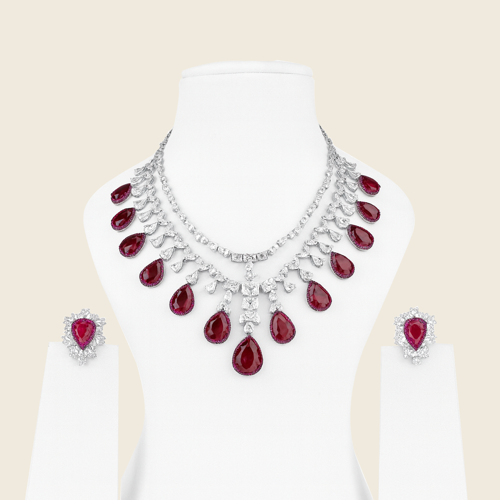 Aanura Ruby Teardrop Layered Necklace Set Stainless Steel
