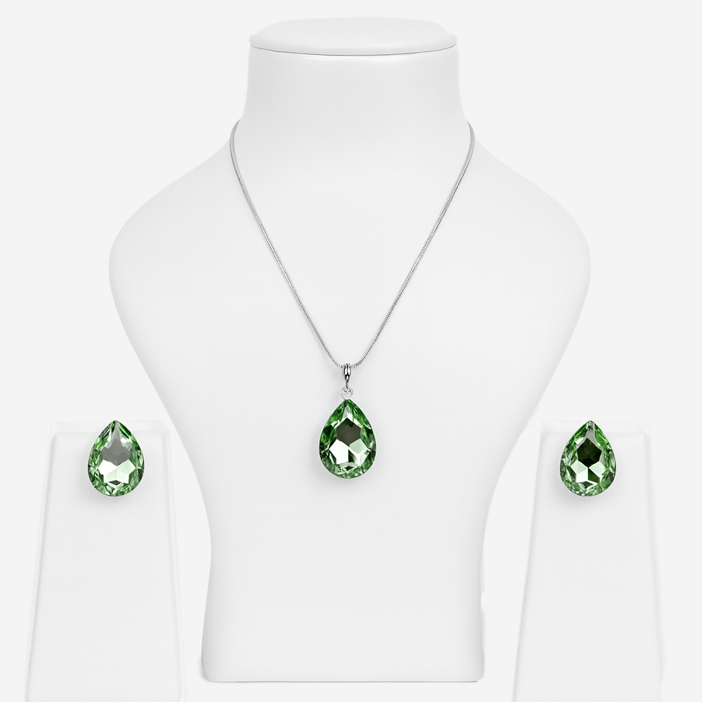 Aanura Green Teardrop Crystal Necklace Set Stainless Steel