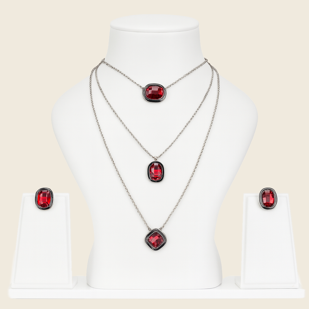 Aanura Layered Red Pendant Necklace Set