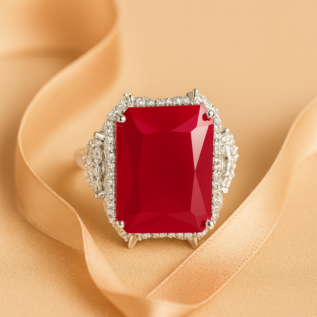 Aanura Silver Ruby-Red Emerald-Cut Cocktail Ring
