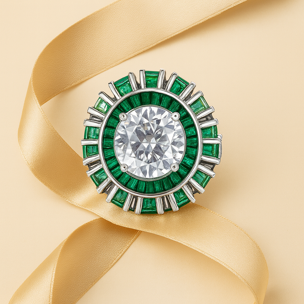 Aanura Silver Emerald Baguette Band Statement Ring