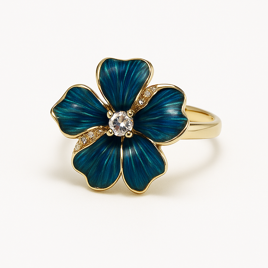 Aanura Gold-Plated Blue Enamel Flower Ring