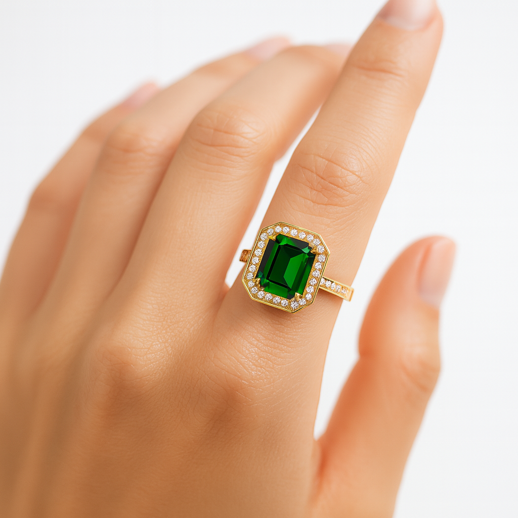 Aanura Emerald Green Gemstone & Diamond Halo Ring