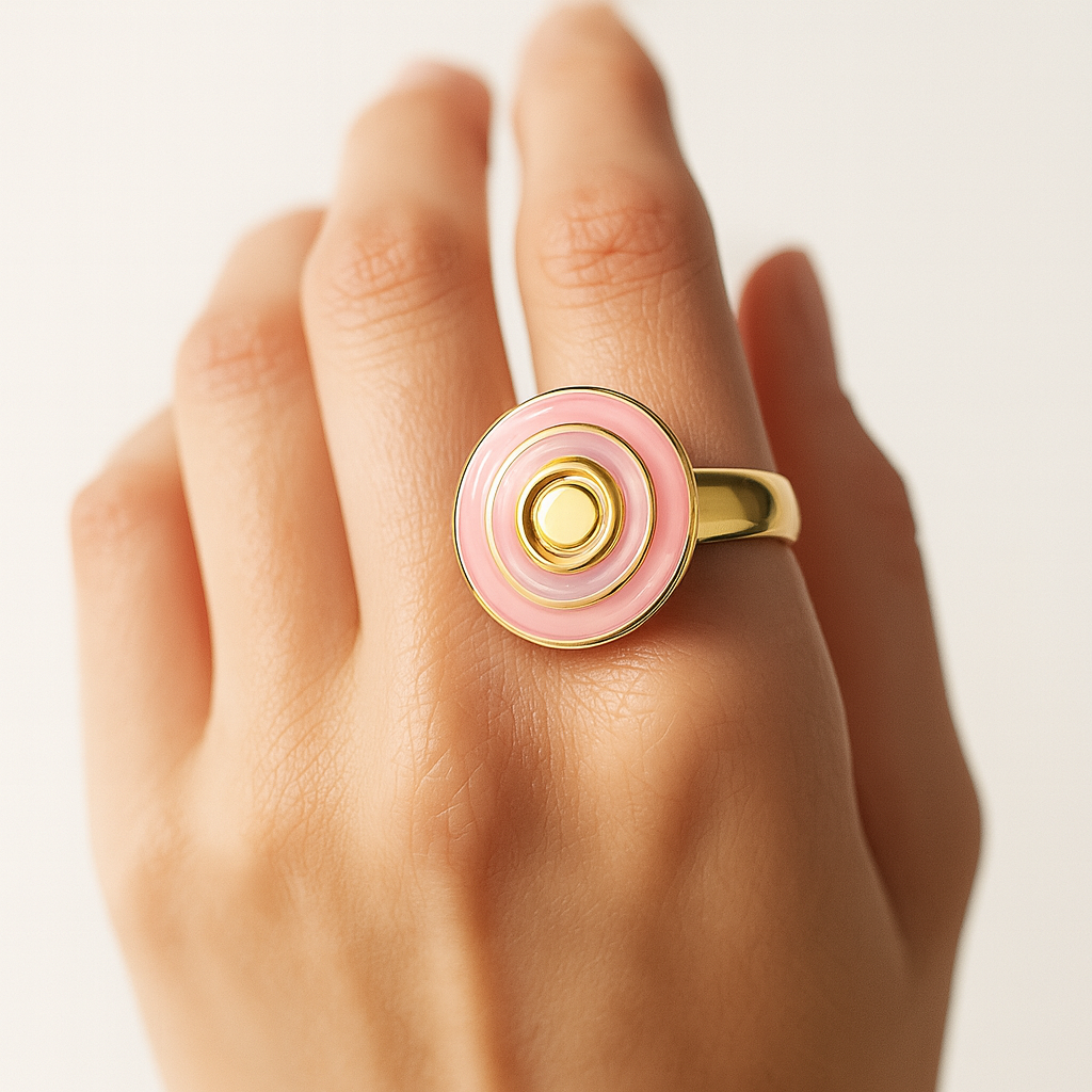 Aanura Pink & White Enamel Gold Statement Ring