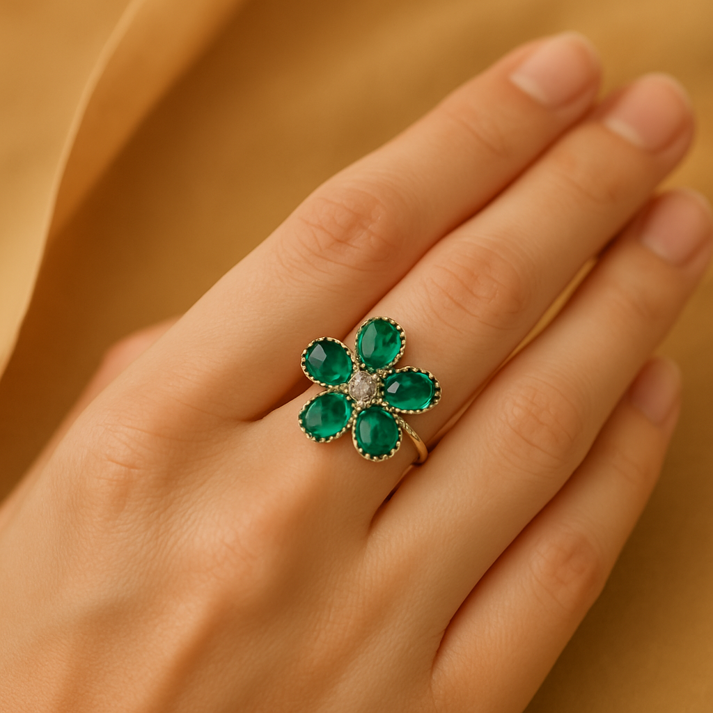 Aanura Silver-Tone Emerald Green Flower Statement Ring