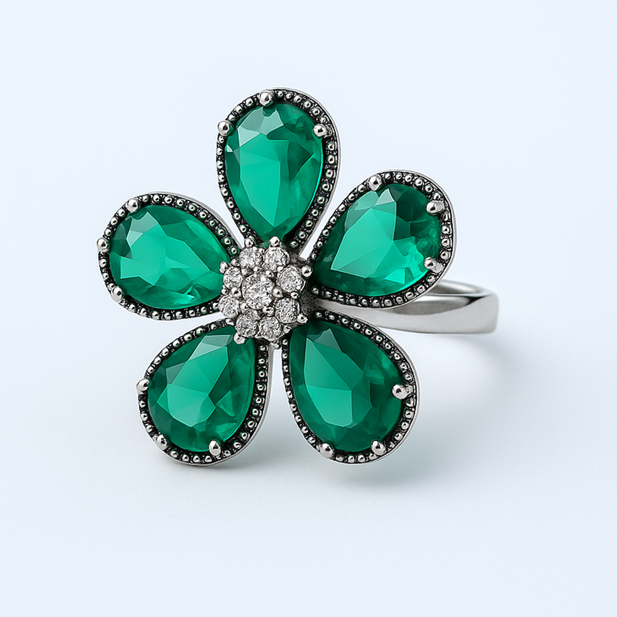 Aanura Silver-Tone Emerald Green Flower Statement Ring