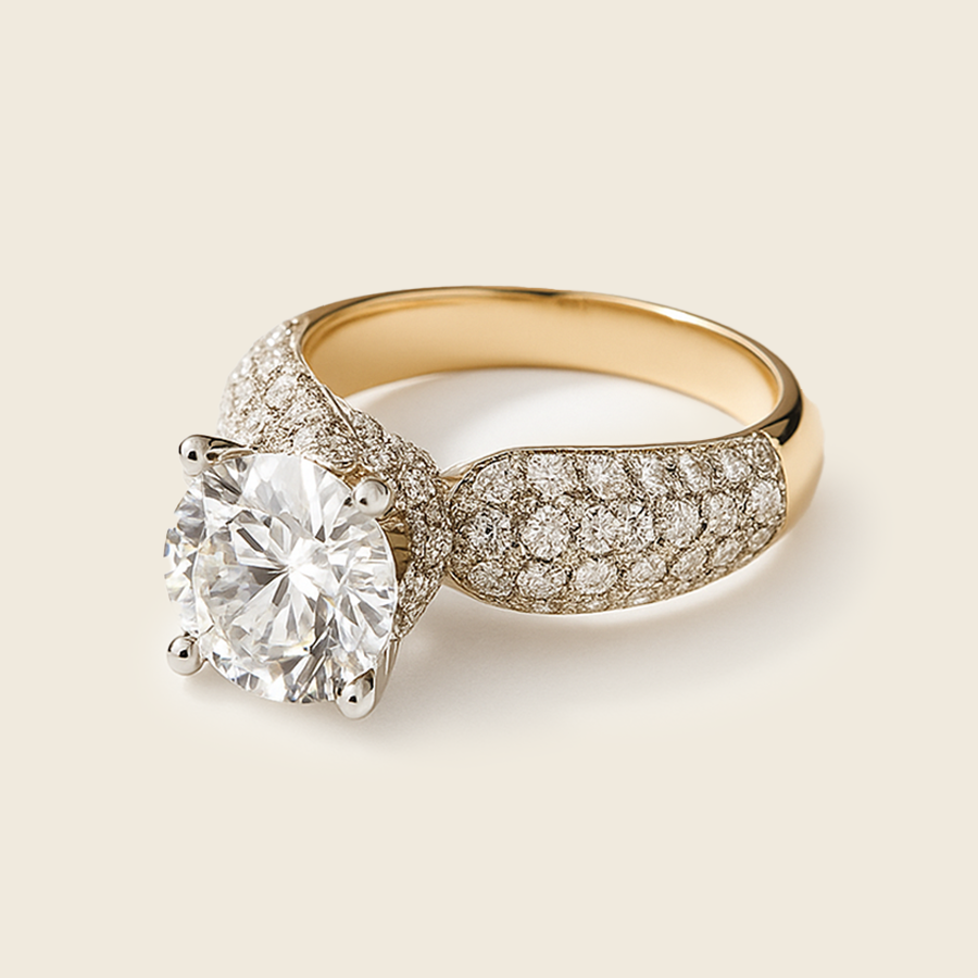 Gold-Plated Pave Band Ring with Brilliant Round Solitaire