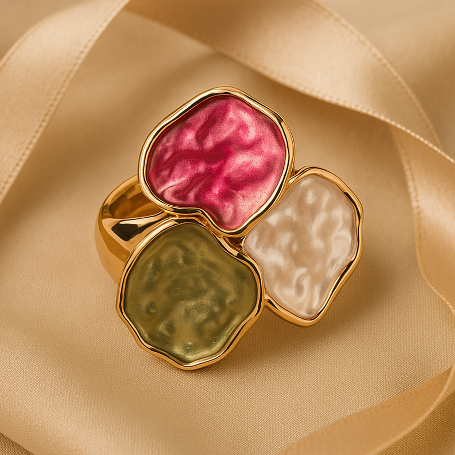 Aanura Multicolor Petal Ring with Red, Green & Pearl Finish