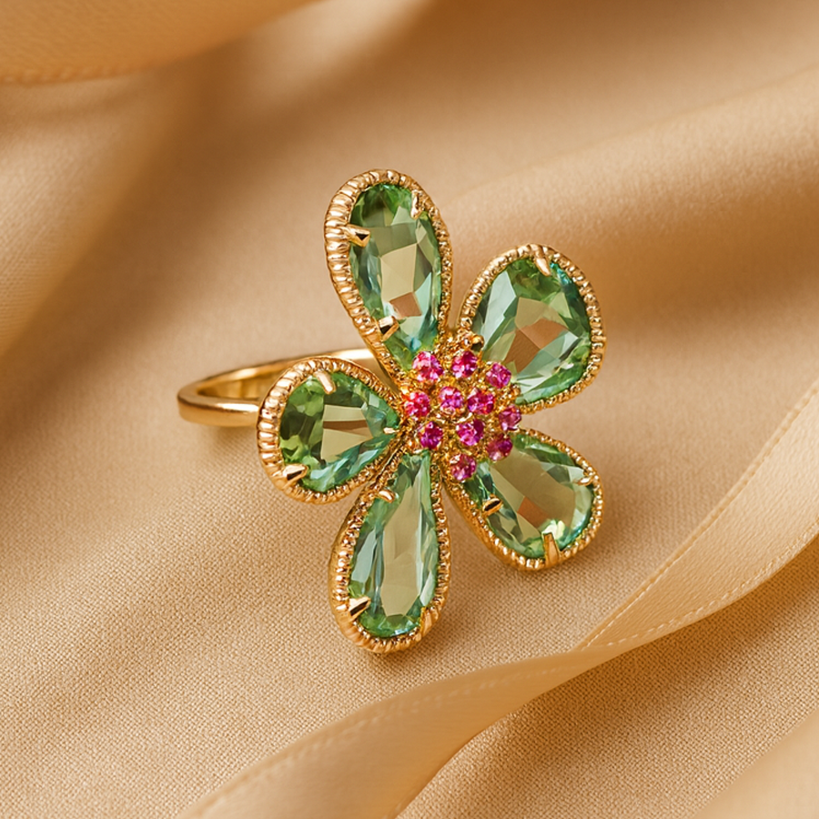 Aanura Silver-Tone Emerald Green Flower Statement Ring