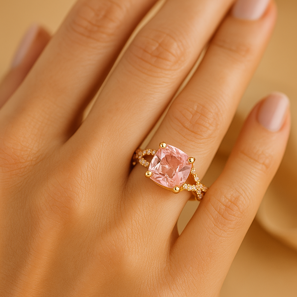 Aanura Pink Cushion Cut Gold Ring – Elegant Infinity Design