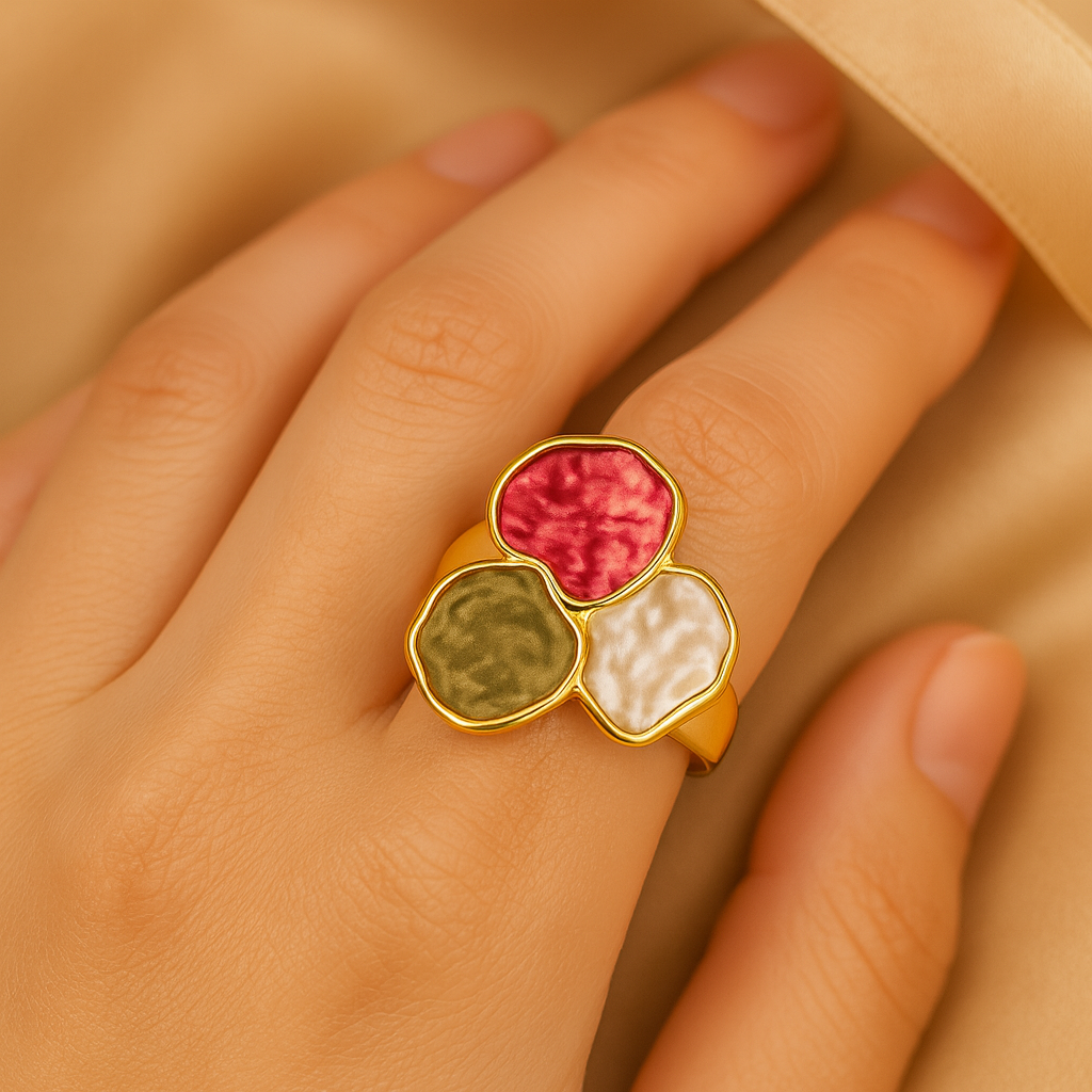 Aanura Multicolor Petal Ring with Red, Green & Pearl Finish