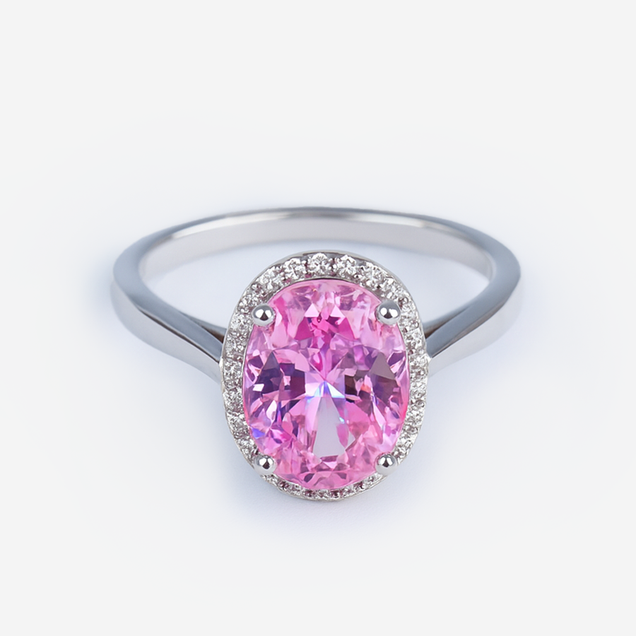 Aanura Oval Pink Halo Silver Ring – Elegant Statement Piece