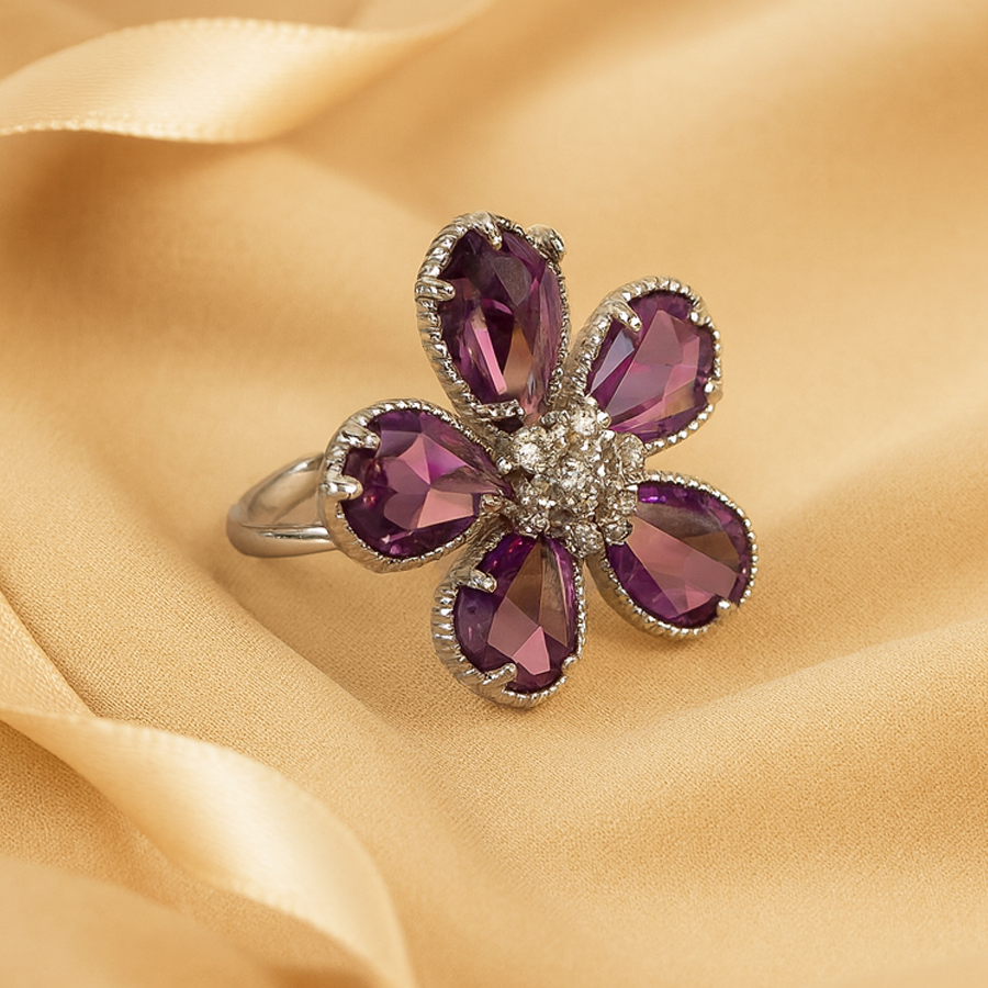 Aanura Silver-Tone Emerald Green Flower Statement Ring